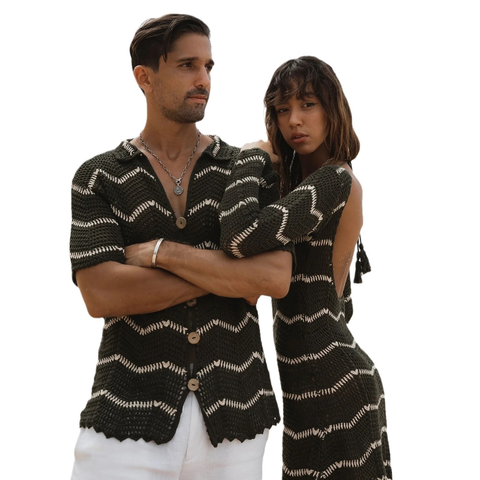 2025 년 신제품   유럽과 미국의 비치 커플의 줄무늬 니트 비치 비키니 블라우스 커플의 선 스크린 의류