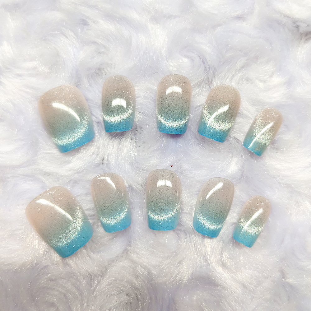 Unas falsas uñas azules de hielo con gradiente de sonido explosivo, 10 piezas de uñas de sonrisa hechas a mano, uñas de ojo de gato.