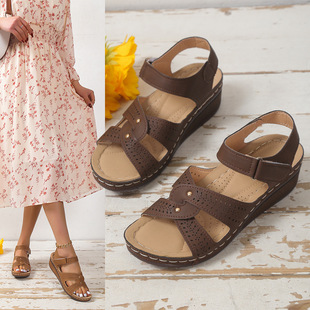 Southeast Asia Cross-border Large Size Velcro Platform Hollow Sandals Women's European and American Amazon Wedge Lightweight Beach Sandals