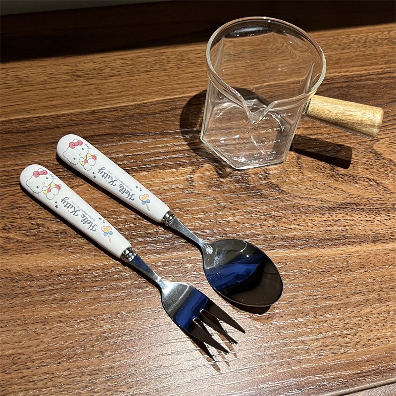 正版三丽鸥陶瓷勺叉 304不锈钢库洛米儿童勺辅食勺大耳狗餐具套装|undefined