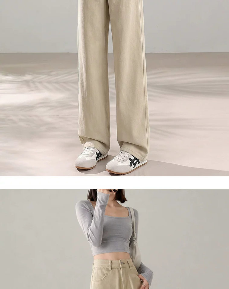 Quần jean nữ ống đứng cạp cao màu kaki dáng suông tôn dáng — Màu kaki [Kiểu dáng thông thường], Màu kaki [dáng dài], Màu kaki [dáng lửng] chi tiết 14