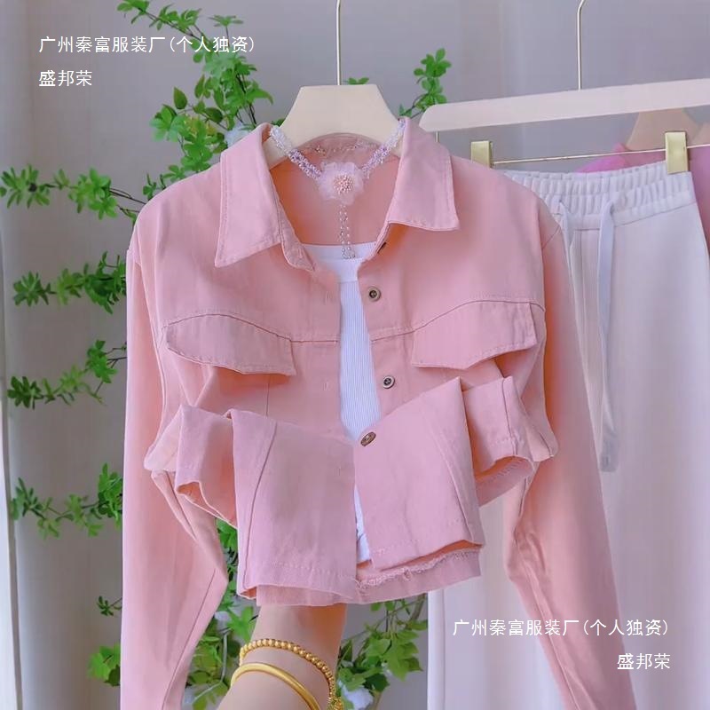 粉色Polo领斜纹衬衫外套女秋季新款设计感短款小个子休闲百搭衬衣|undefined