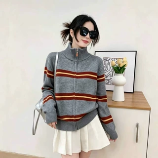 2026新款美式复古条纹翻领拉链毛衣女 宽松百搭针织开衫多色女装
