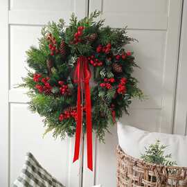 圣诞花环藤圈家居装饰跨境松果红果圣诞节日花环家居布置