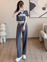 大码时尚运动服套装女夏潮V领短袖T阔腿裤两件套休闲洋气减龄女装