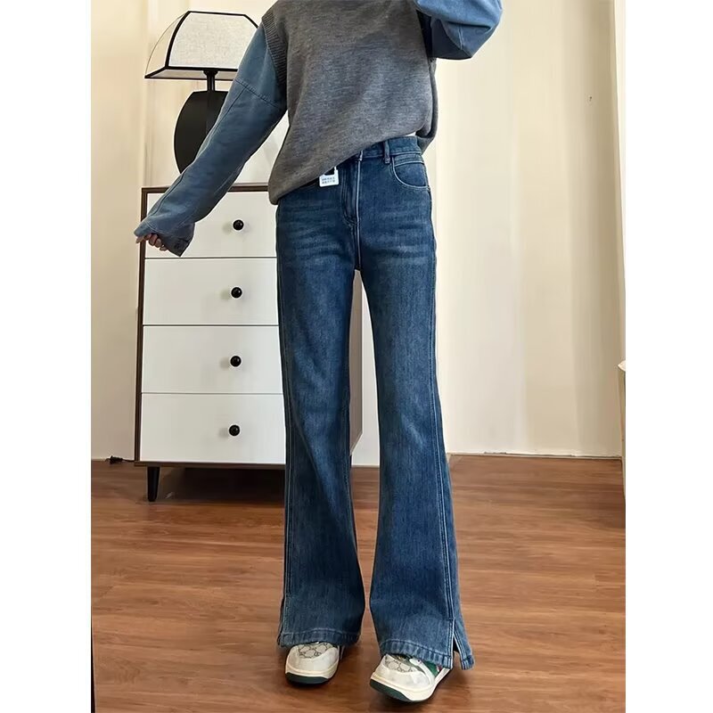 胖MM开叉直喇牛仔裤女2025新款梨形身材大码显瘦高腰裤子KX|undefined