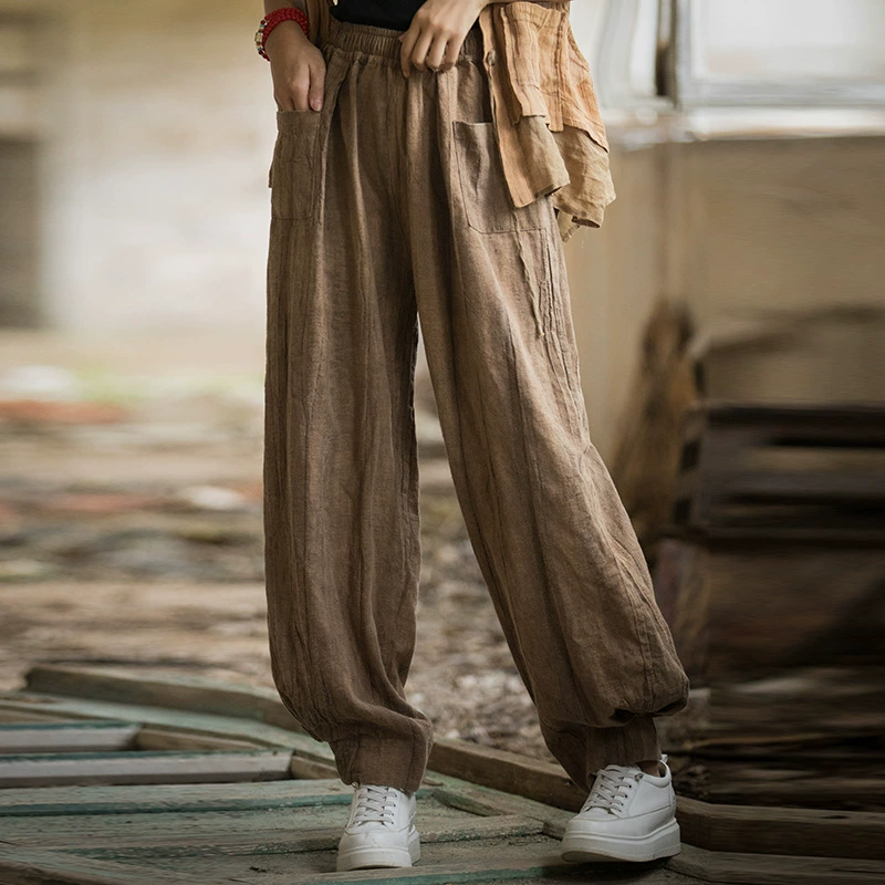 Новые женские длинные брюки из хлопка и льна в стиле ретро, с эффектом выцветания и потертостей, повседневные, в стиле Zen, с широкими штанинами, для женщин