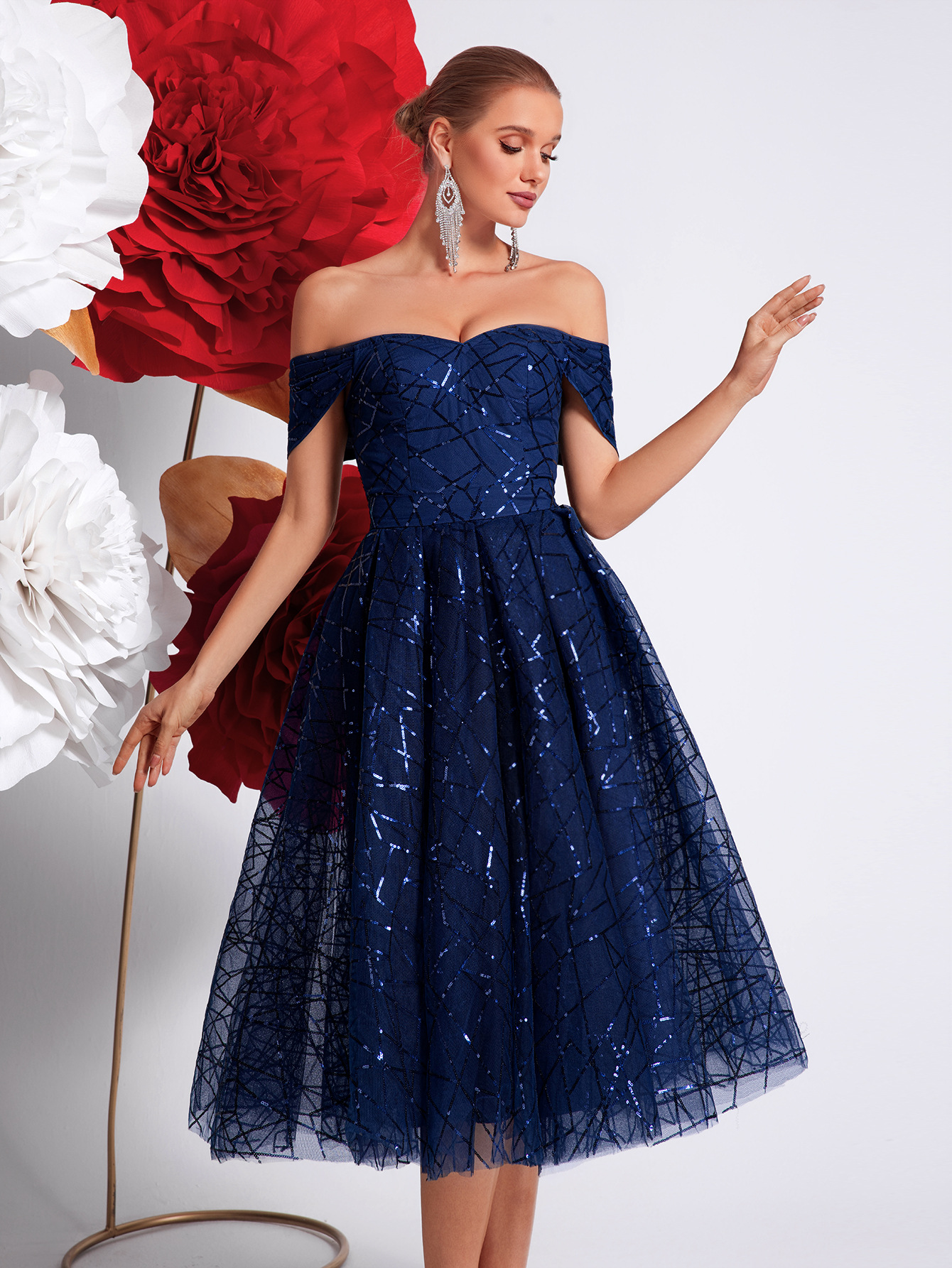 Transfronterizo Amazon nuevo temperamento cielo estrellado fino vestido de noche elegante de fiesta de mujer superior de tubo de lujo ligero