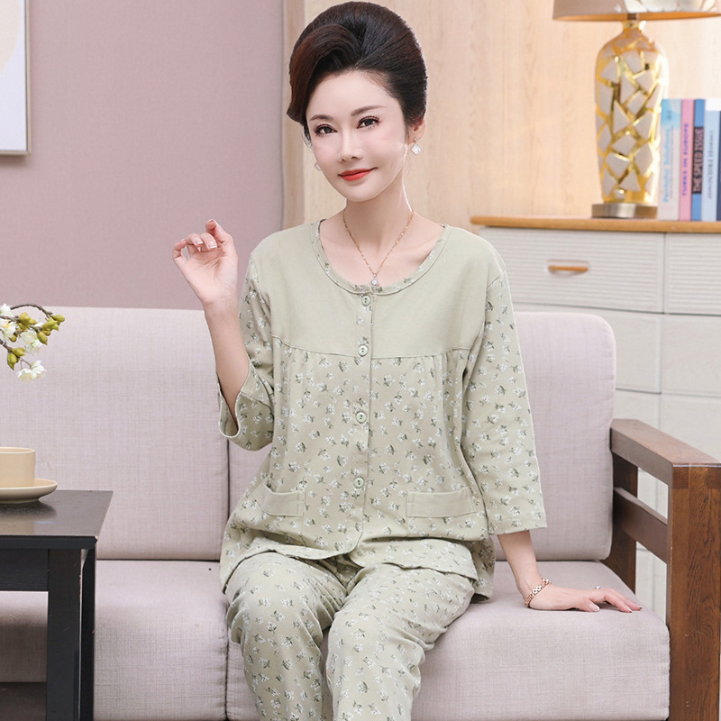 Dropshipping Pure Cotton Pajamas for Middle-Aged and Elderly Mothers, Women's Three-Quarter Sleeve Trousers, Spring Wearable Suits, Home Clothes Dropshipping Pure Cotton Pajamas for Middle-Aged and Elderly Mothers, Women's Three-Quarter Sleeve Trousers, Spring Wearable Suits, Home Clothes