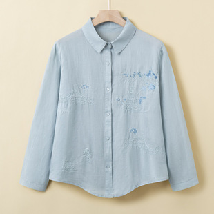 Middle-aged and elderly 2025 simple loose POLO collar solid color embroidered top women's embroidered long sleeve cotton and linen shirt