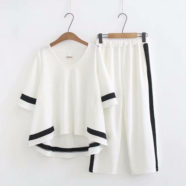 Plus Size Women's Casual Suit Summer Plus Size Korean Style Loose V Neck Color T-Shirt + Side Stripesd Wide Leg Pants