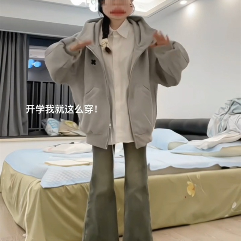 【仿华棉复合】开衫设计感高街灰色连帽高领卫衣女宽松气质百搭外|undefined