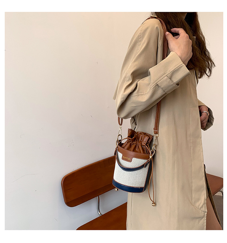 Pu Leather Material Women's Medium Pu Leather Color Block Streetwear Sewing Thread Bucket String Bucket Bag