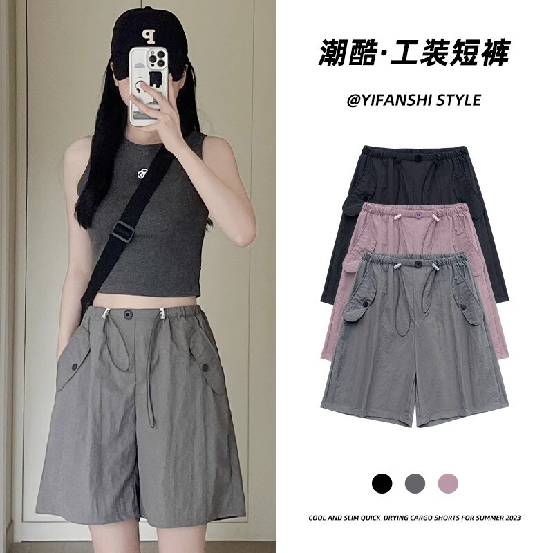 Gray Cargo Shorts for Women, Summer Thin High-Waisted Casual Wide-Leg Design, Quick-Drying Sports American-Style Five-Point Pants
