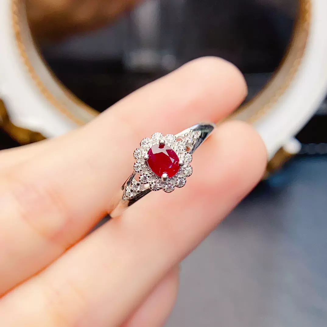 工厂批发爆款镀k金天然红宝石戒指S925银镶嵌主石4*5热销欧美高货