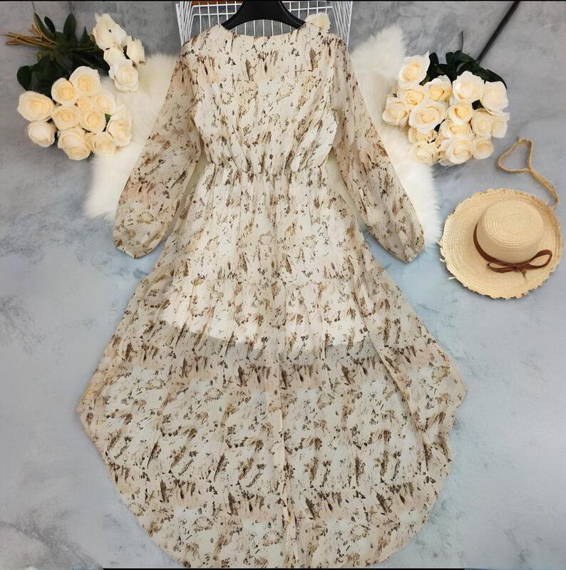 LN1470 スポット 2025 ヨーロッパとアメリカの婦人服ボヘミアン V ネック不規則な裾プリント長袖ドレス|undefined