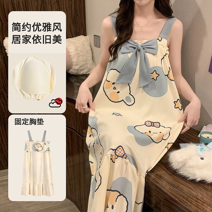 Comercio exterior transfronterizo verano nuevo estilo pijama damas imitación algodón cojín en el pecho camisón bowknot servicio a domicilio de longitud media