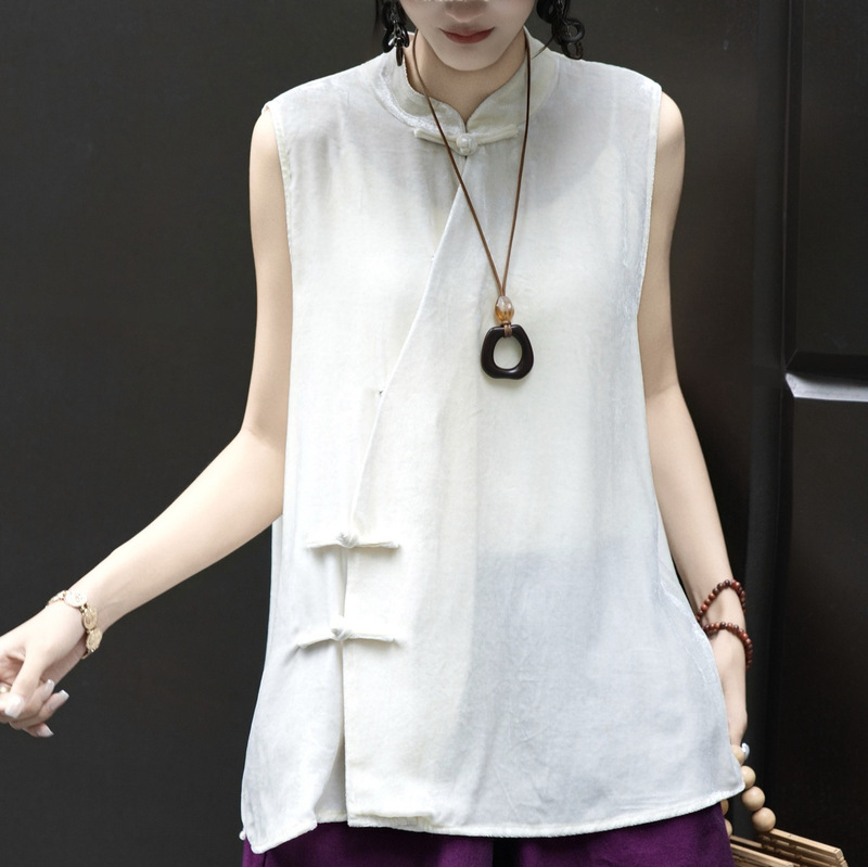 2026 Summer New Chinese Style Silk Velvet Sleeveless Qipao Shirt with Diagonal Placket and One-Button Design for Women