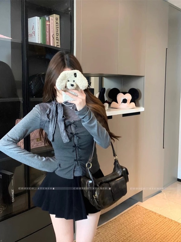 韩系时尚套装气质绑带长袖T恤女秋季修身显瘦百搭吊带背心两件套|undefined