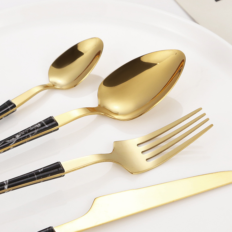 430 vajilla de acero inoxidable cuchillo de carne, tenedor y cuchara de clip manejar pequeña cintura mármol comida occidental 4 piezas cuchara transfronteriza cuchara de té