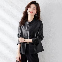 新中式黑色短款皮衣女士春秋新款盘扣复古宽松短款休闲外套