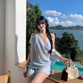 温柔风针织衫女外搭蓝色纯欲套装泳装比基尼三件套分体泳装女温泉