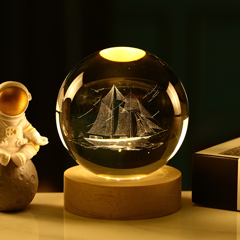 Bola de cristal 3D de la Vía Láctea — grabado interno luminoso con base de madera, luz nocturna decorativa creativa