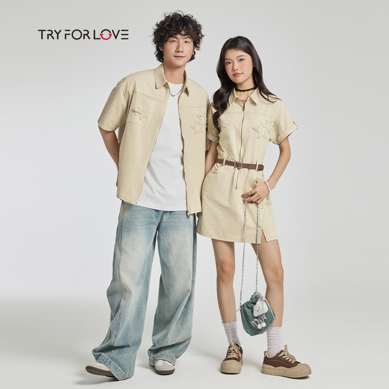 Tryforlove情侣装小众设计刺绣短袖衬衫连衣裙女2025新款一长一裙