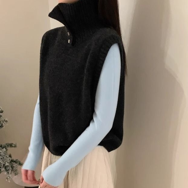 羊绒无袖针织马甲背心复古风高领纯色春季新款韩系百搭毛衣上衣女|undefined