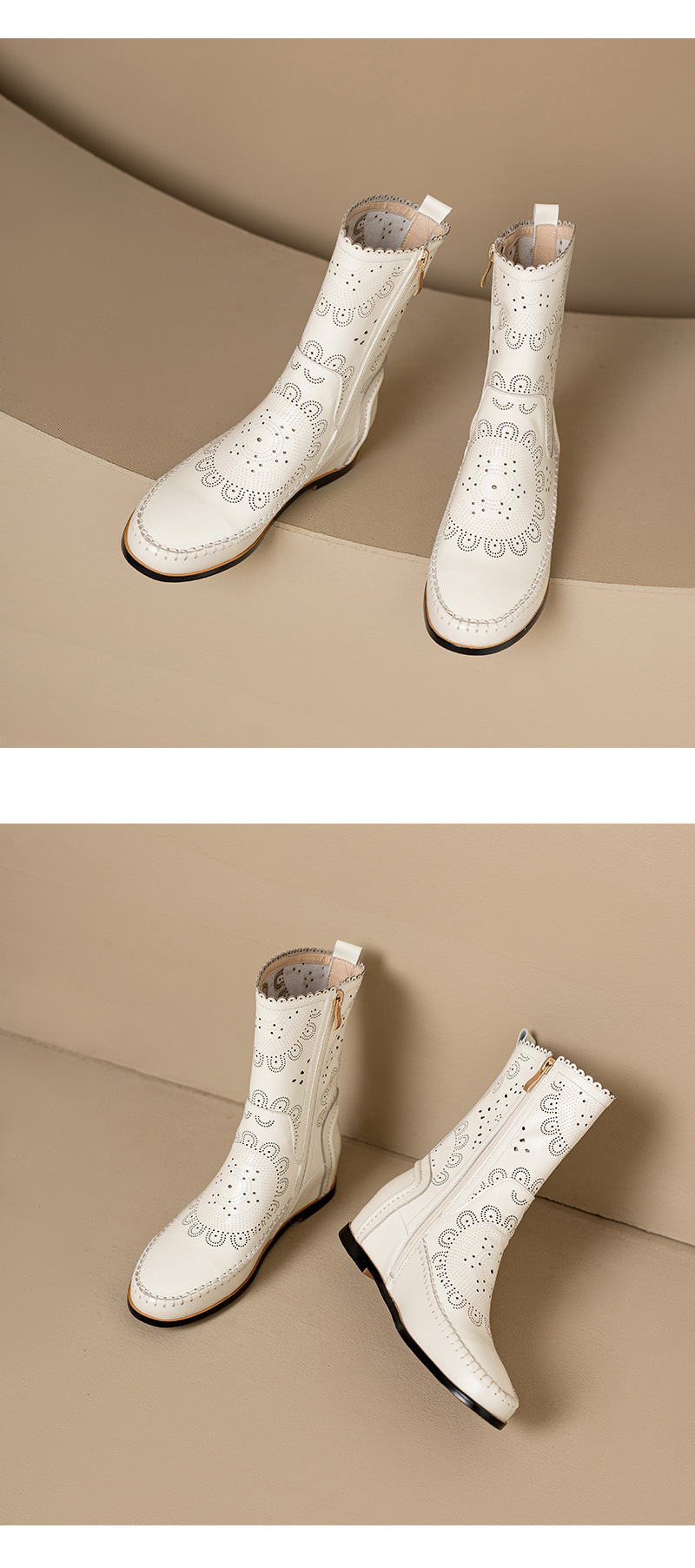 Boot nữ cổ thấp da bò đục lỗ đế xuồng đốt hoa — Màu be [lót một lớp] chi tiết 12