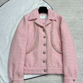 2024秋冬新款金智妮同款粉色小香风外套粗花呢针织长袖外套女上衣