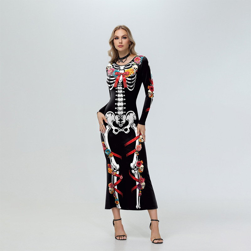 Mexican Day of the Dead Skeleton Flower Bow Print Long-Sleeve Mermaid Dress Mexican Day of the Dead Skeleton Flower Bow Print Long-Sleeve Mermaid Dress