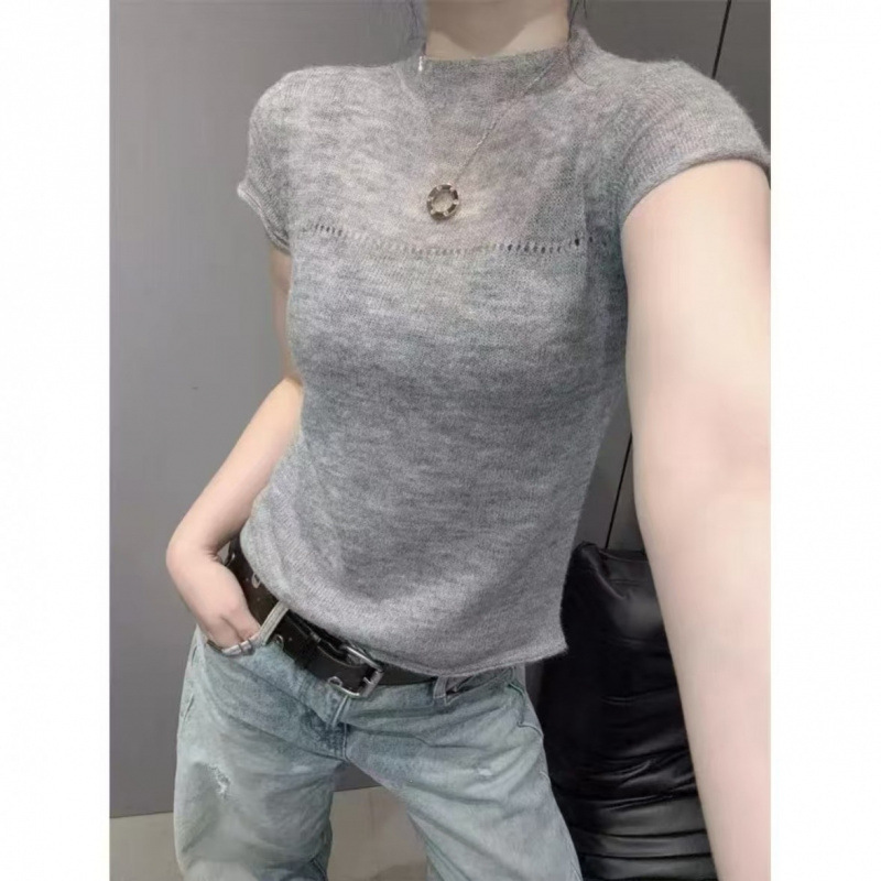 Ys Summer Round Neck Gentle and Sweet Soft Short-Sleeved T-Shirt Top for Women with a Versatile Design and Casual Knitted Base Shirt Ys Summer Round Neck Gentle and Sweet Soft Short-Sleeved T-Shirt Top for Women with a Versatile Design and Casual Knitted Base Shirt