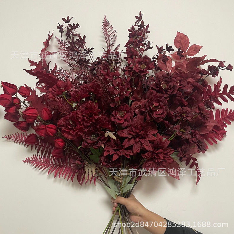 결혼식 중국 빨간 인공 꽃 플라스틱 꽃 버건디 테마 천장 장식 호텔 배열 꽃꽂이