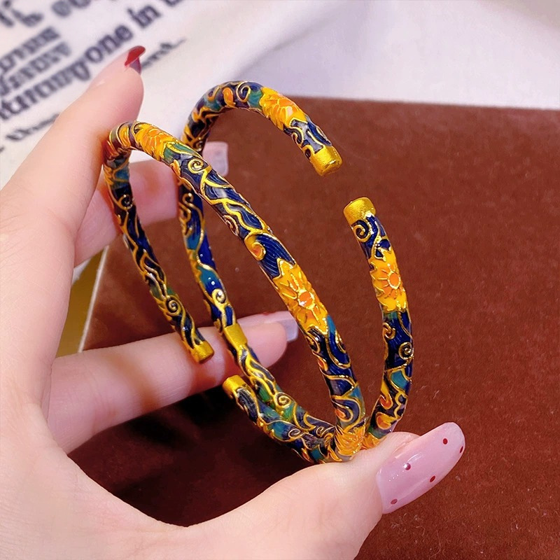 Gold-Plated Enamel Sunflower Van Gogh Bracelet, Same Style as Gold Store, Women's Light Luxury Palace-Style Bracelet with High Color Retention