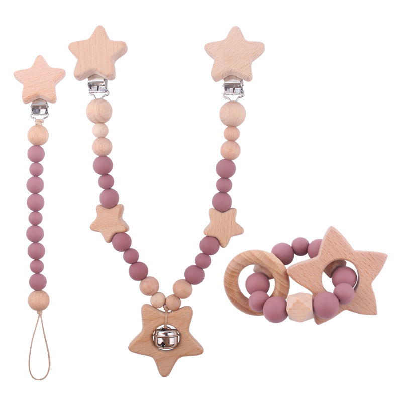 Nuevo bebé de dibujos animados de haya animal chupete clip calmante bebé mordida chupete cadena coche colgando mordedor conjunto de tres piezas
