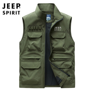 JEEP Jeep 2025 New Men's Outdoor Multi-Pocket Vest Collar Wind-proof Quick-drying Fishing Work Vest Jacket 5989