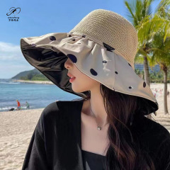 卸売 夏の新作 水玉模様 ビニール製 日よけ帽子 女性用 UVカット アウトドア おしゃれ 多用途 リボン付き 日よけ帽子