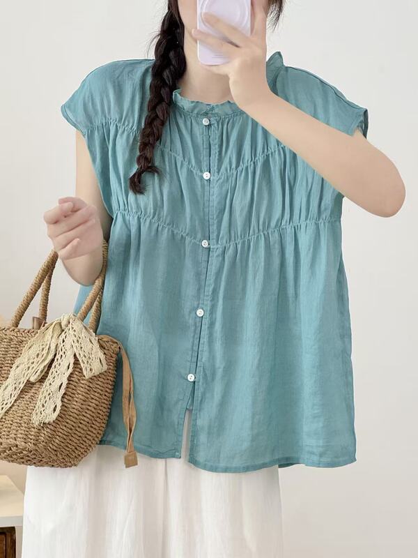 Pure Ramie Pleated Lace Collar Blouse 2026 Summer New Style Solid Color Babydoll Shirt Top for Women 2636