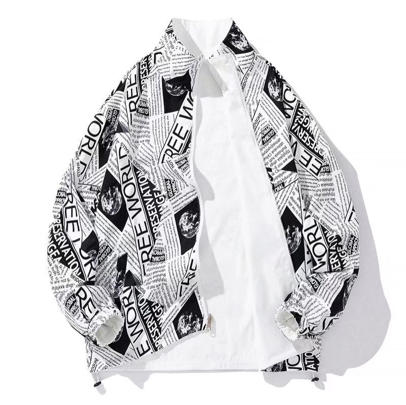Periódico retro Proteus Boy, estampado completo, cuello alto suelto, chaqueta de doble cara, chaqueta, ropa de primavera y otoño para hombres y mujeres