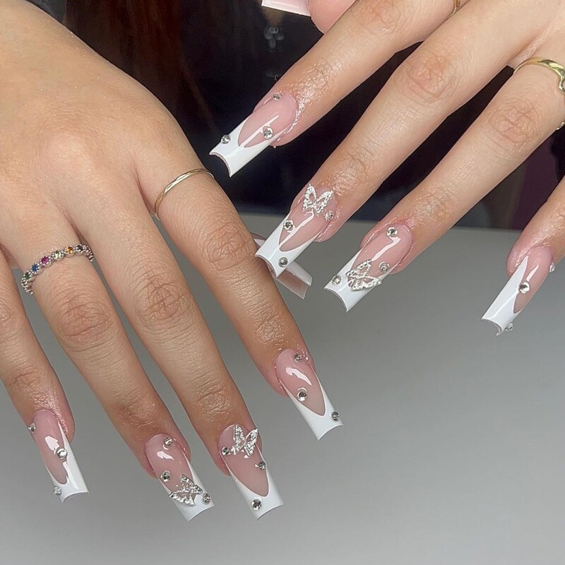 Cross-border direct selling Yiwu nail nail nail piece French double butterfly wear nail special nail piece fake nails wholesale nails Cross-border direct selling Yiwu nail nail nail piece French double butterfly wear nail special nail piece fake nails wholesale nails