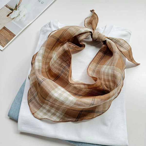 Khaki plaid triangle scarf pure linen high quality
