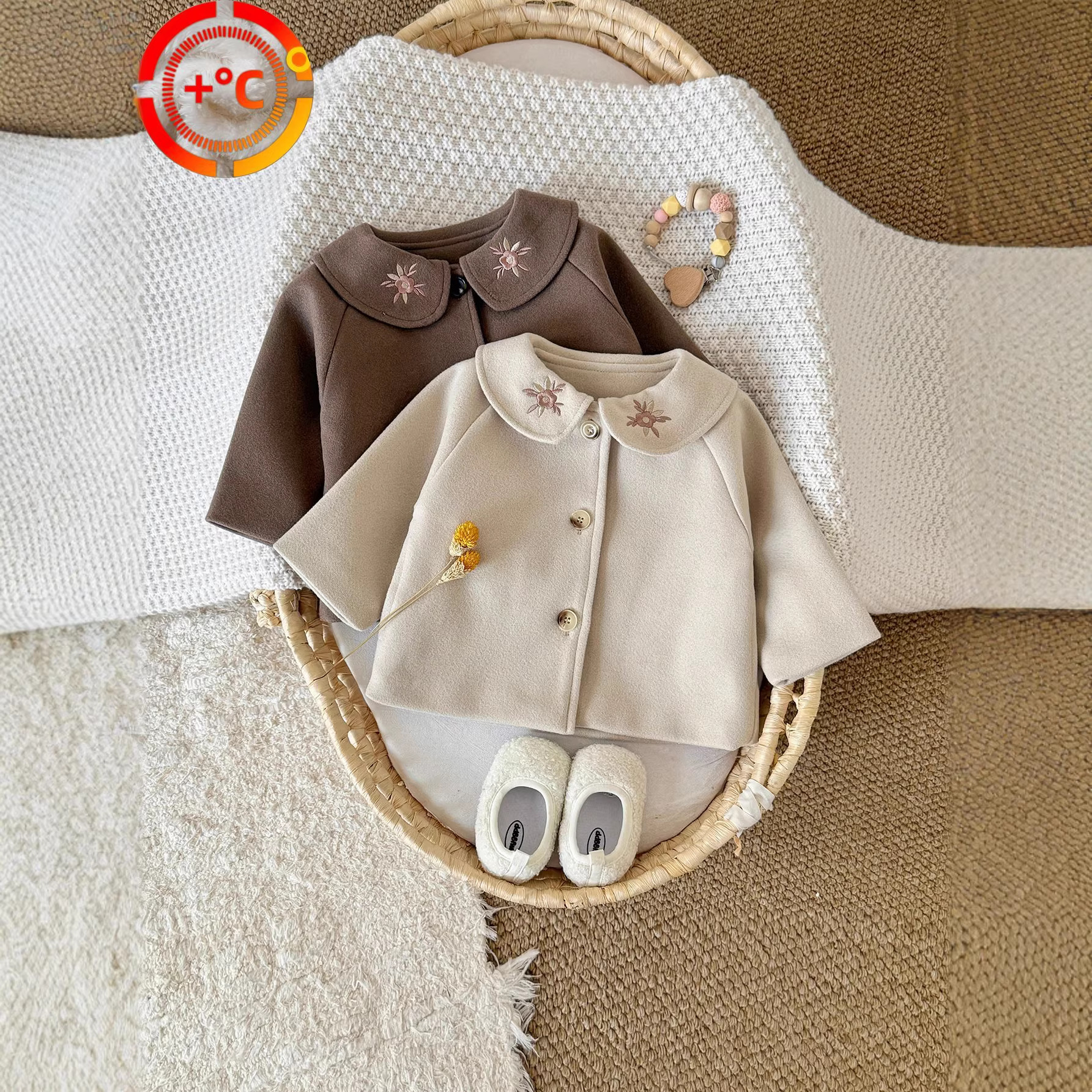 New style embroidered collar woolen long-sleeved coat for infants and toddlers