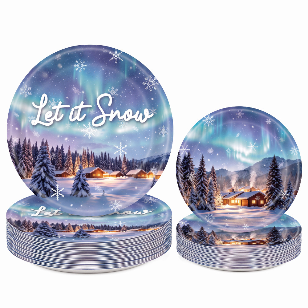 Aurora Snow Scene Wooden House Christmas Paper Plates Let it Snow Dreamy Winter Disposable Large and Small Party Dinner Plates