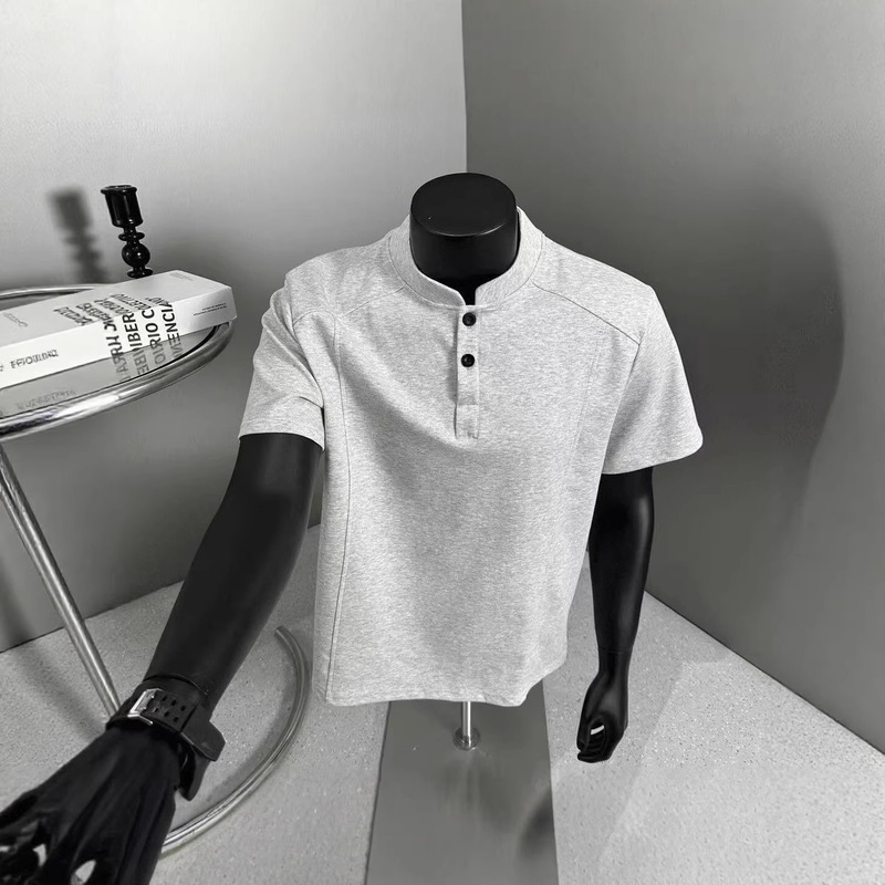 2025 New Summer Style Men's Stand-Up Collar Short-Sleeved T-Shirt Slim Fit Breathable Casual Sports Knitted Top