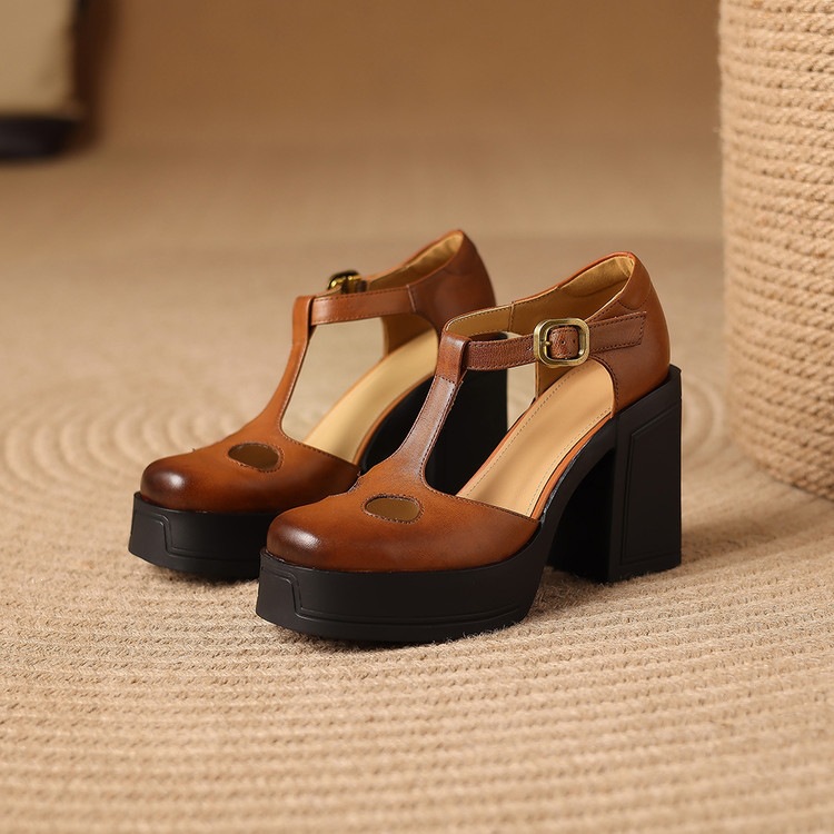Sandal nữ đế xuồng platform gót vuông phong cách vintage khóa kim loại — màu nâu, màu đen chi tiết 26