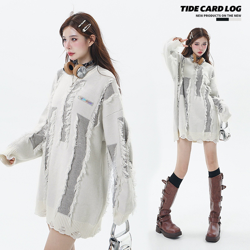 Ανδρικά Ρούχα με σκισμένες φούντες, μικρές ετικέτες, άνετη εφαρμογή, μοντέρνα πουλόβερ με χρωματική αντίθεση_voghion.com