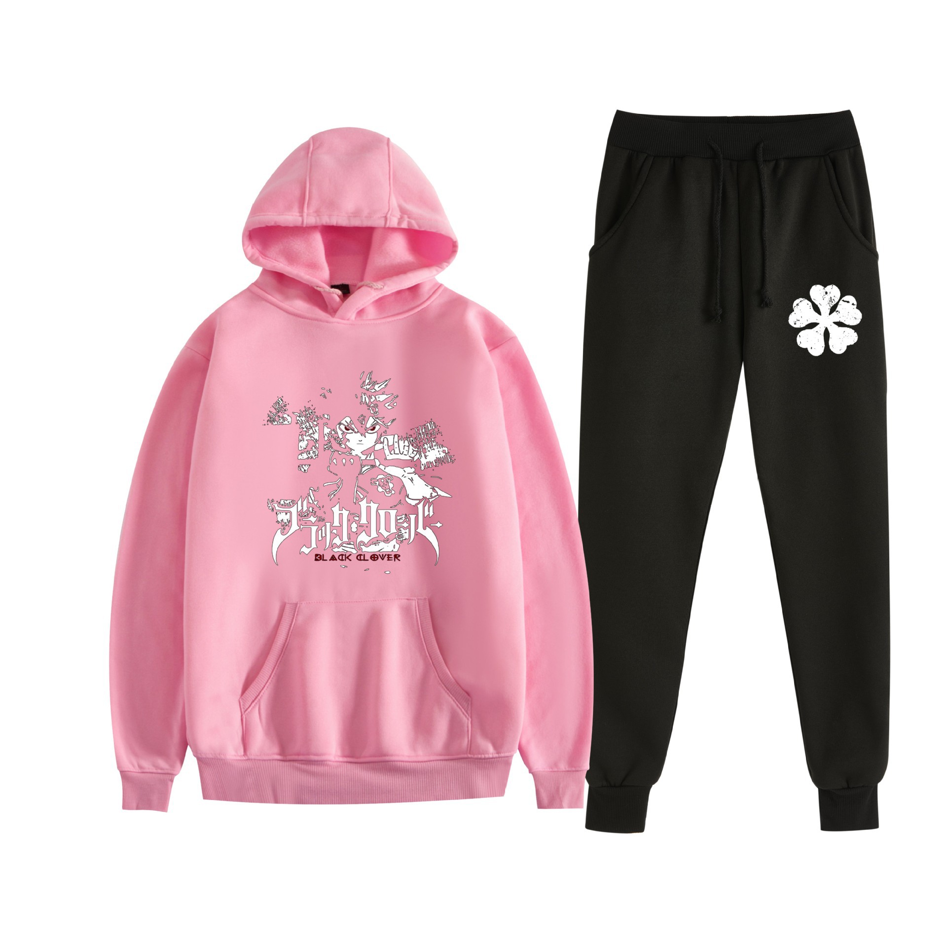 Europa y América otoño e invierno negro trébol de cuatro hojas periférico bidimensional hombres y mujeres deportes de ocio más suéter con capucha de terciopelo traje al por mayor