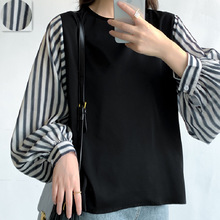 日系韩国韩版乐天东南亚外单秋装长袖上衣拼接打底衫T恤