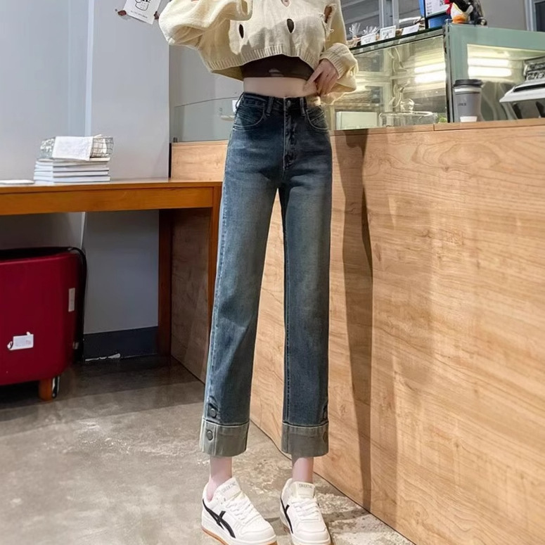 Design Sense Leather Label High Waist Small Straight Slim-fit Jeans Cropped Pear-shaped Stitching Retro Smoke Tube Pants Children